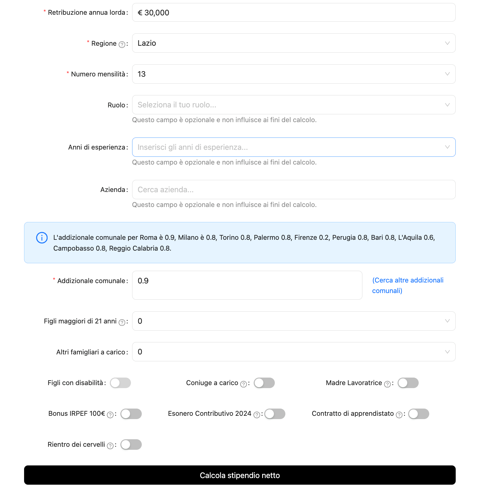 Calcolatore Stipendio Netto